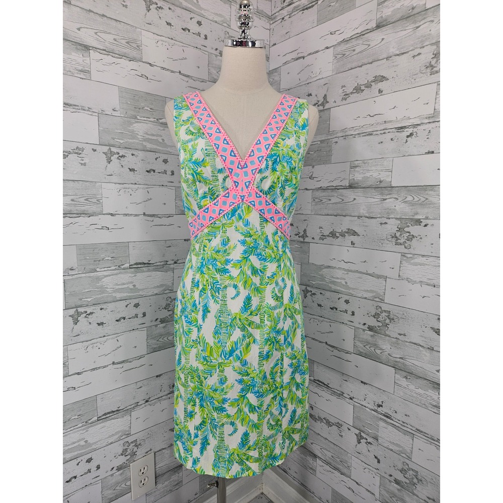Lilly Pulitzer Women 8 Green Blue Palm Alligator Print Pink Trim Shift Dress